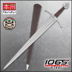 The Honshu Historic Forge 14th Century Double Fuller Sword is shown both in and out of its scabbard next to the “Honshu” and “Historic Forge” logos.