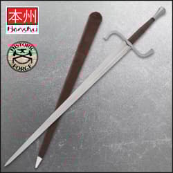 The Honshu Historic Forge German Long Sword is shown both in and out of its black leather sheath, next to images of the “Honshu,” “Historic Forge,” and “1065 Carbon Steel” logos.