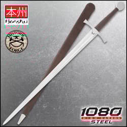 Medieval sword with brown scabbard on textured background