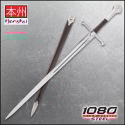 Long sword with brown sheath on textured background, labeled 1080 high carbon steel