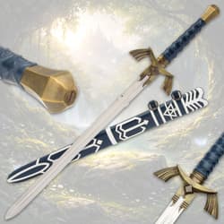 Fantasy sword with ornate hilt and scabbard in a mystical forest