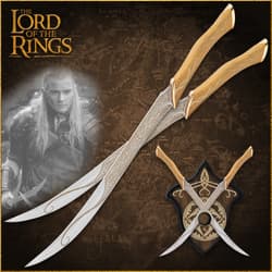 Decorative swords with intricate designs and a character image