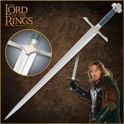 The Lord of the Rings Sword of Faramir shown with its display plaque and the full length of its blade