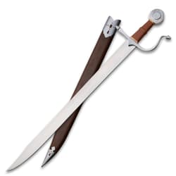 Sword with brown leather scabbard and ornate hilt