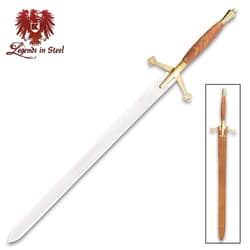 Sword with brass hilt and leather grip, labeled 'Legends in Steel'