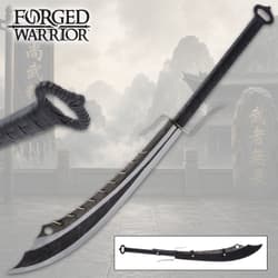 Forged Warrior sword with black handle and mountain backdrop