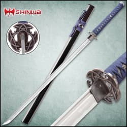 Shinwa Blue Knight katana shown from various views, with detailed look at ornate guard, detailed pommel and black lacquered scabbard.