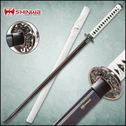 Shinwa White Knight katana closeup with view of ornate tsuba, white cord wrapped handle, and black Damascus steel blade.