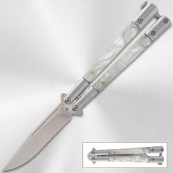 Butterfly knife with pearl handles on metallic background