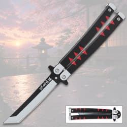 Butterfly knife with black handle and red accents, cherry blossom background