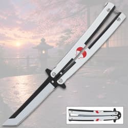 Butterfly knife with anime design on a scenic background