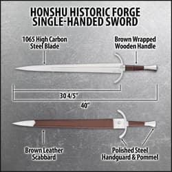 Honshu single-handed sword with measurements and features labeled