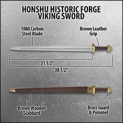 Honshu Viking sword with carbon steel blade, leather grip, and scabbard