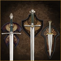 Three swords mounted on decorative plaques with map background