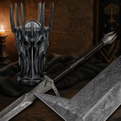 Ornate medieval helmet and sword on a wooden table with a candle and map backdrop