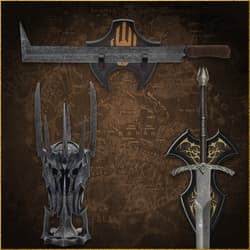 Helmets and swords displayed on a map background