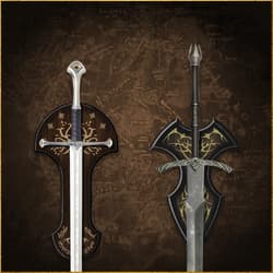 Two swords displayed on decorative plaques against a map background