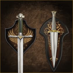 Swords displayed on decorative plaques with designs