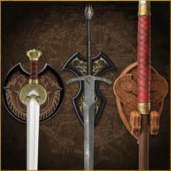 Three swords displayed on decorative plaques