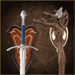 Close-up of Glamdring sword and Gandalf's staff on decorative plaques