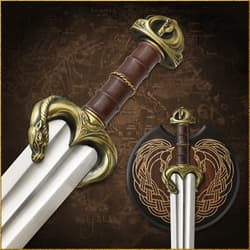 Close-up of sword hilt with horse design and shield