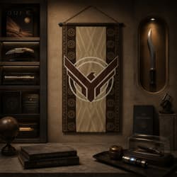 Decorative banner on wall with books and artifacts