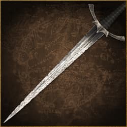Close-up of a sword on a map background