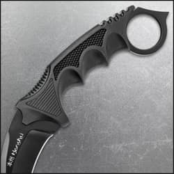 A hand is shown holding the karambit and using its curved black 7Cr13 stainless steel blade to cut a rope.