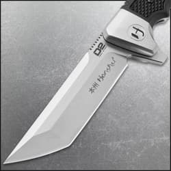 Close-up of Honshu knife blade with D2 steel marking