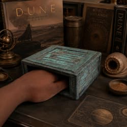 Hand inside a textured box, surrounded by Dune-themed books
