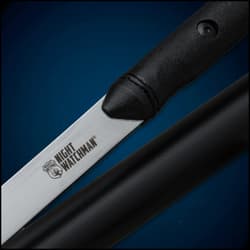 The sword blade is concealed within a black hard coated aluminum cane shaft.