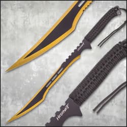 Close-up of golden ninja sword with cord-wrapped handle