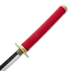Close-up of katana's red handle and guard