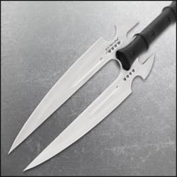 Close-up of double-headed spear blades and handle