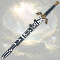 Sword sheathed in a decorated scabbard against a fantasy backdrop