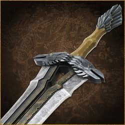 Close-up of a sword's ornate hilt with raven design