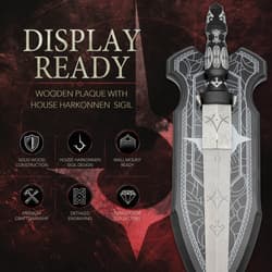 Display-ready knife with House Harkonnen sigil on wooden plaque