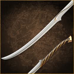 Close-up of a sword with golden vine engravings