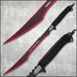 Close-up of Red Guardian sword with black handle