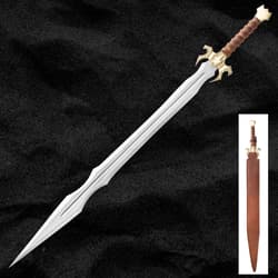Sword with brass hilt on black background, inset shows sheath