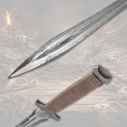 Close-up of sword blade and handle with leather grip