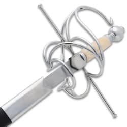 Close-up of rapier's intricate basket hilt