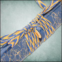 The 41” overall katana slides securely into its purple, spatter-painted wooden scabbard with purple and yellow cord-wrap