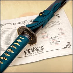 Shikoto Hammer-Forged Longquan Master Teal Wakizashi Sword - 1060 High Carbon Steel Blade, Tea-Dyed Rayskin, Brass Tsuba, Wooden Scabbard