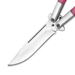 Close-up of butterfly knife blade with pink handle