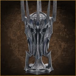 Front view of Sauron's detailed helm on map backdrop