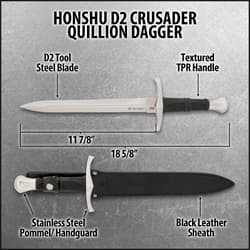 Honshu D2 Crusader dagger with measurements and features labeled