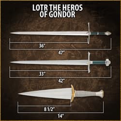 Swords and dagger with dimensions labeled, titled 'LOTR The Heros of Gondor'