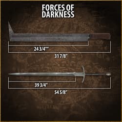 Two swords with measurements labeled 'Forces of Darkness'