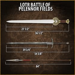 Dimensions of three LOTR weapons on a map background